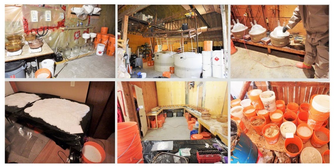 Images from an RCMP news release show the inside of a drug lab in Lumby, BC. The images include chemical containers, like large bottles and tanks, buckets, tubes, and a table full of white powder.