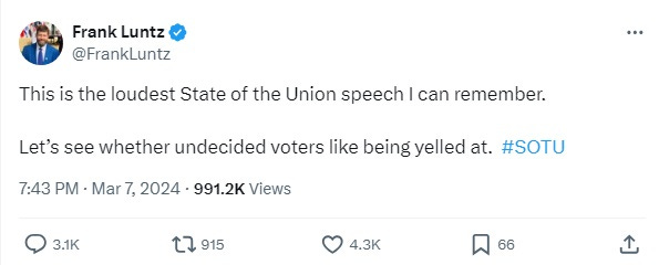 Tweet screenshot: 'This is the loudest State of the Union speech I can remember.  Let’s see whether undecided voters like being yelled at.  #SOTU' 