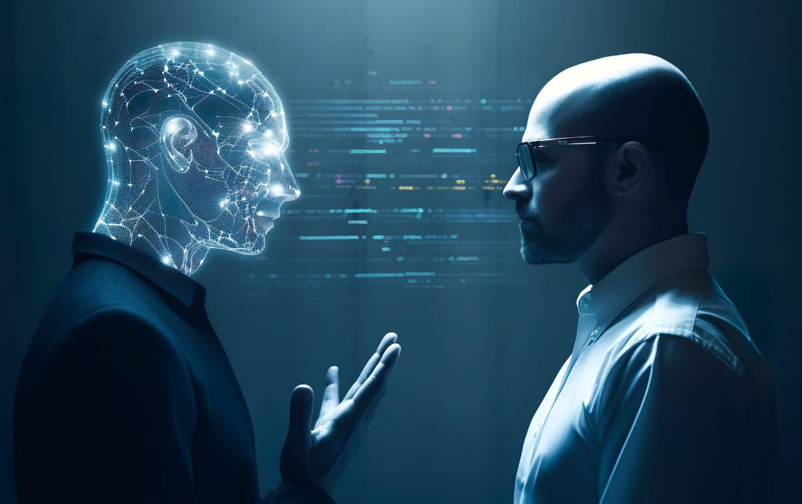A man faces a computer generated figure with programming language in the background