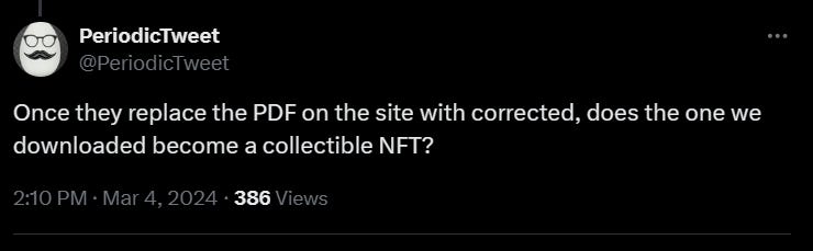 Tweet reading: "Once they replace the PDF on the site with corrected, does the one we downloaded become a collectible NFT?"