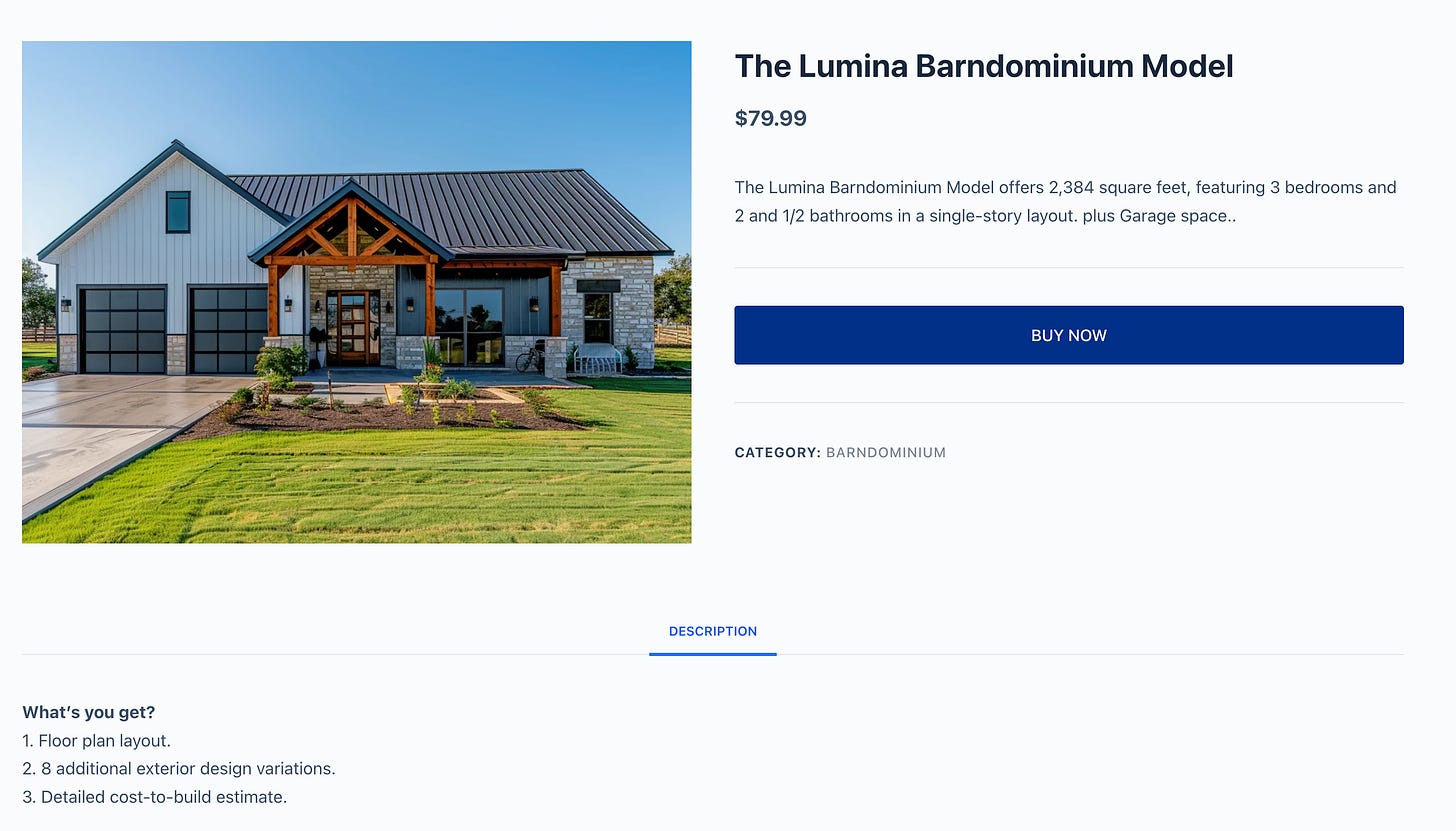 screenshot of the aycustomhomes.com checkout page for the "Lumina Barndominium Model", where customers can purchase additional images of a nonexistent house for $79.99