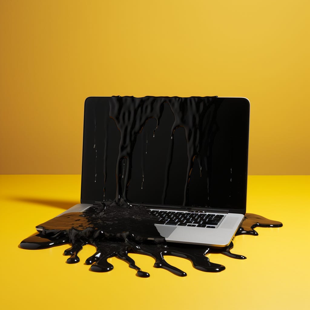 A laptop covered in inky black ooze