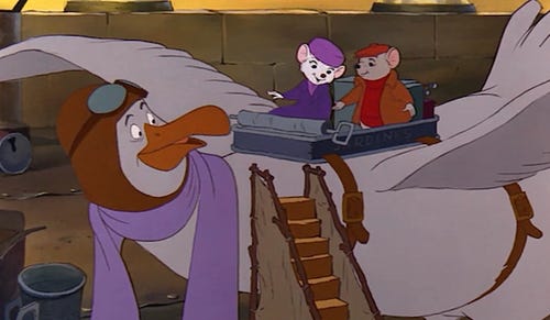 Orville the albatross transporting Bianca and Bernard in Disney's The Rescuers. He is wearing a pilot's hat and scarf, and Bernard and Bianca are sitting in a tin on his back. An airline staircase is at the side which they climbed up. 