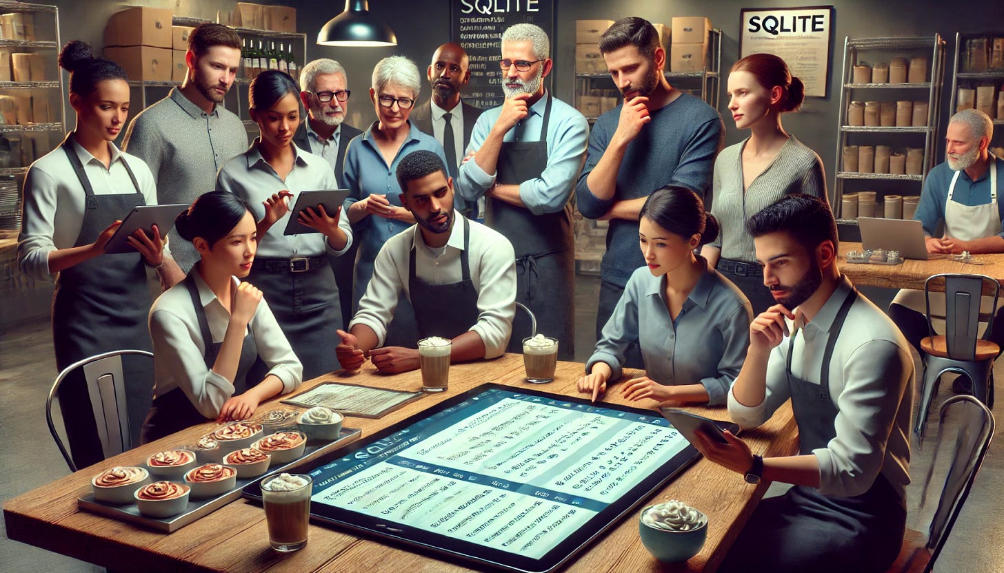 Restaurant staff using tablets and laptops to interact with an SQLite database for local order and inventory management. 