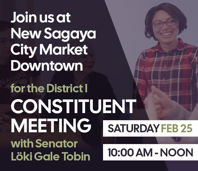 Image of an invitation graphic that states the constituent meeting is at New Sagaya City Market Downtown on Saturday, February 25 from 10 to 12 pm