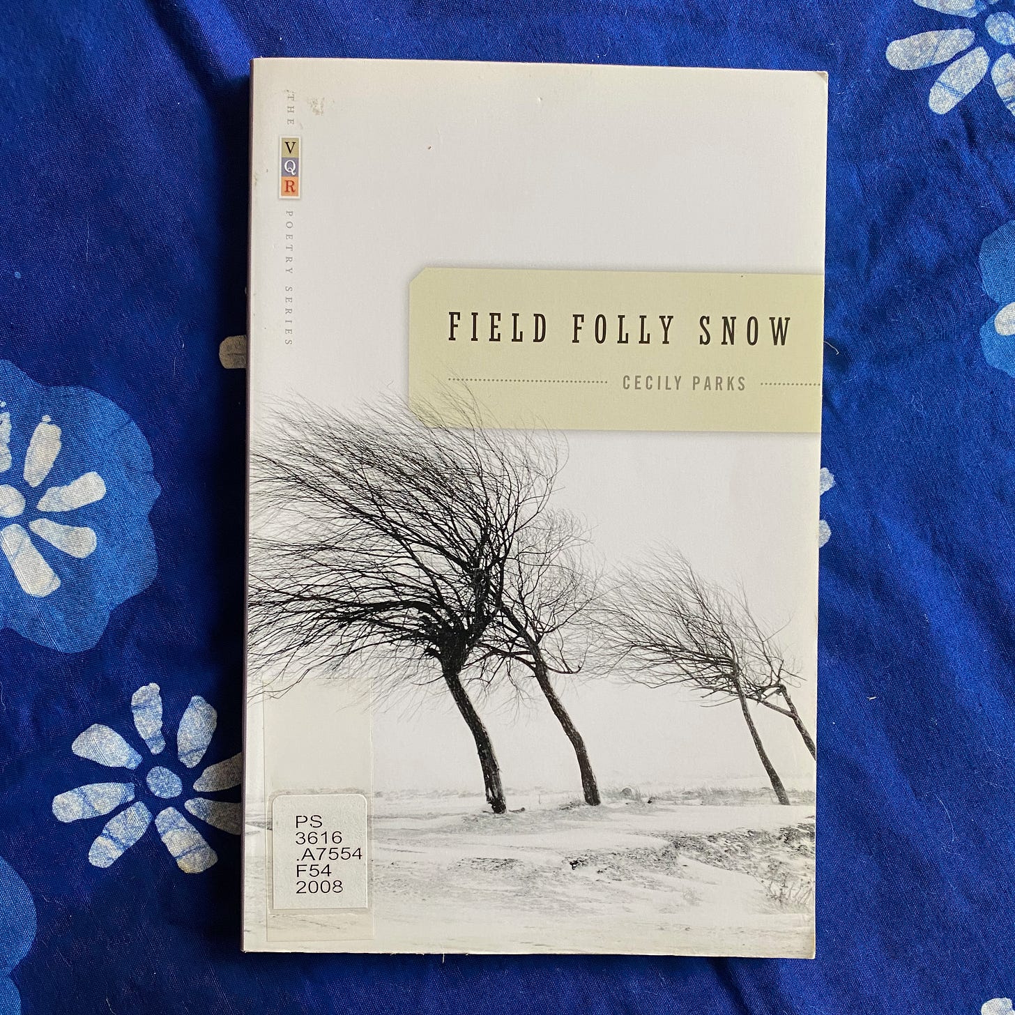 Field Folly Snow on a blue tablecloth.