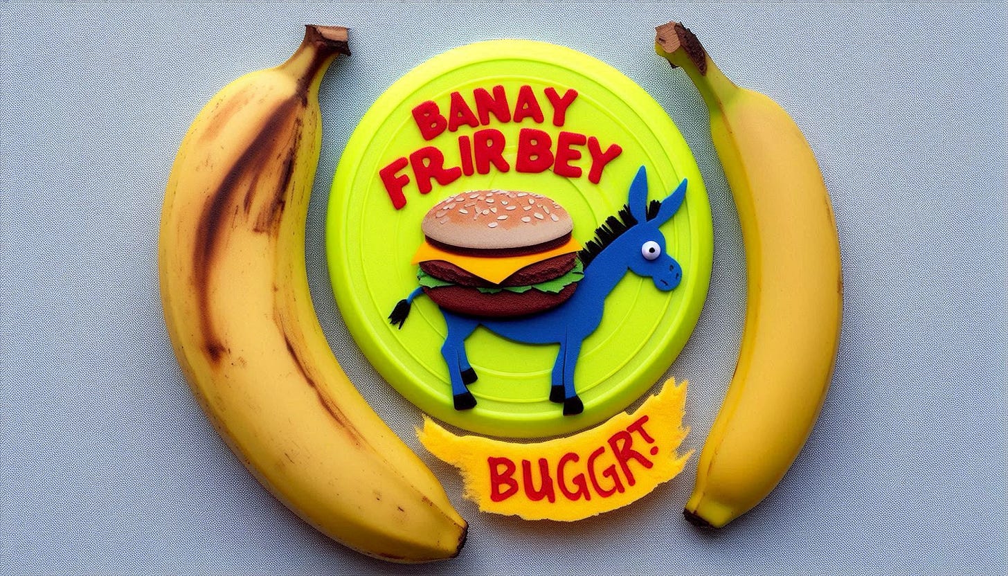 DALL-E 3 result for banana frisbee donkey fart burgers"