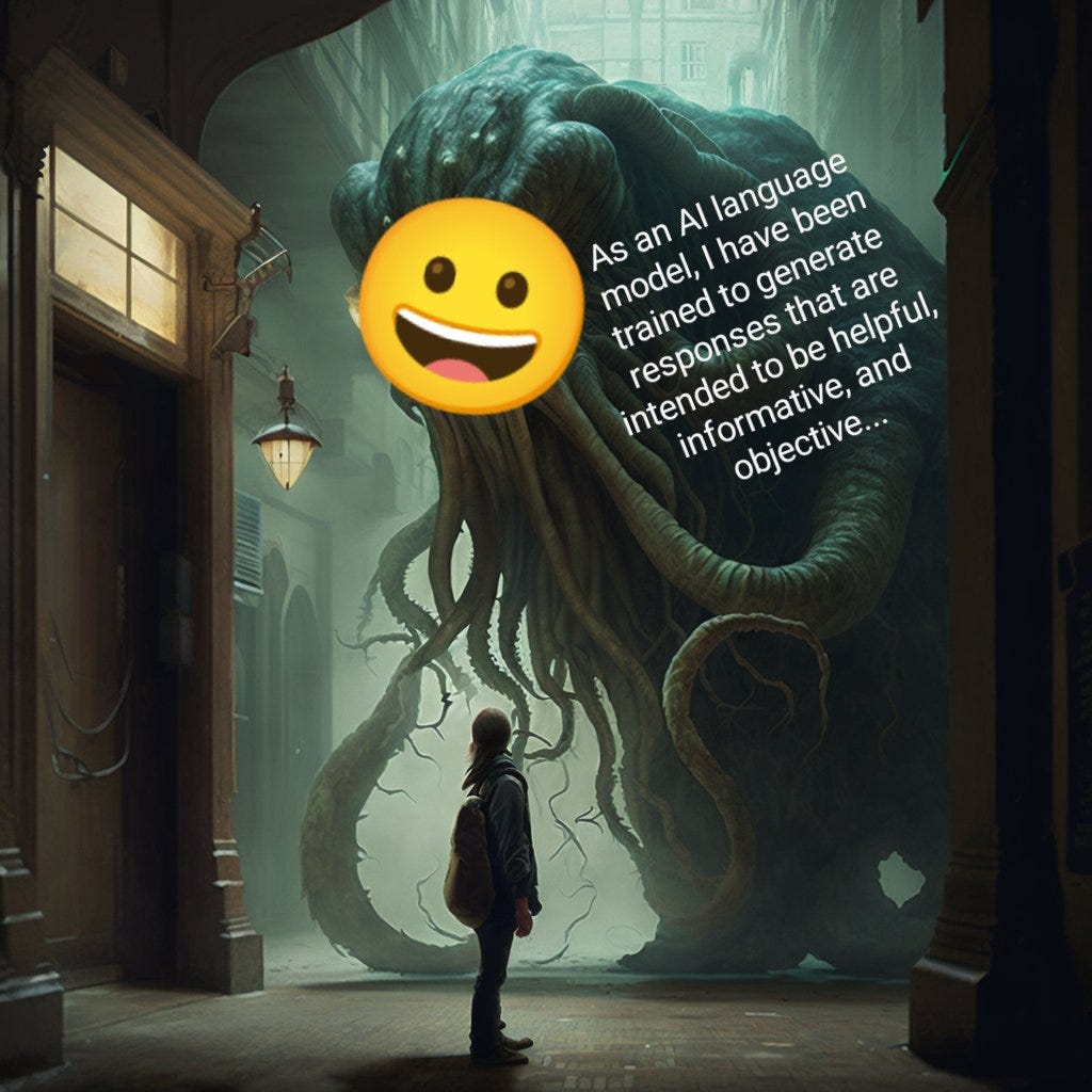 As an AI language model, I have been trained to generate responses that are  intended to be helpful, informative, and objective... | Shoggoth with  Smiley Face (Artificial Intelligence) | Know Your Meme