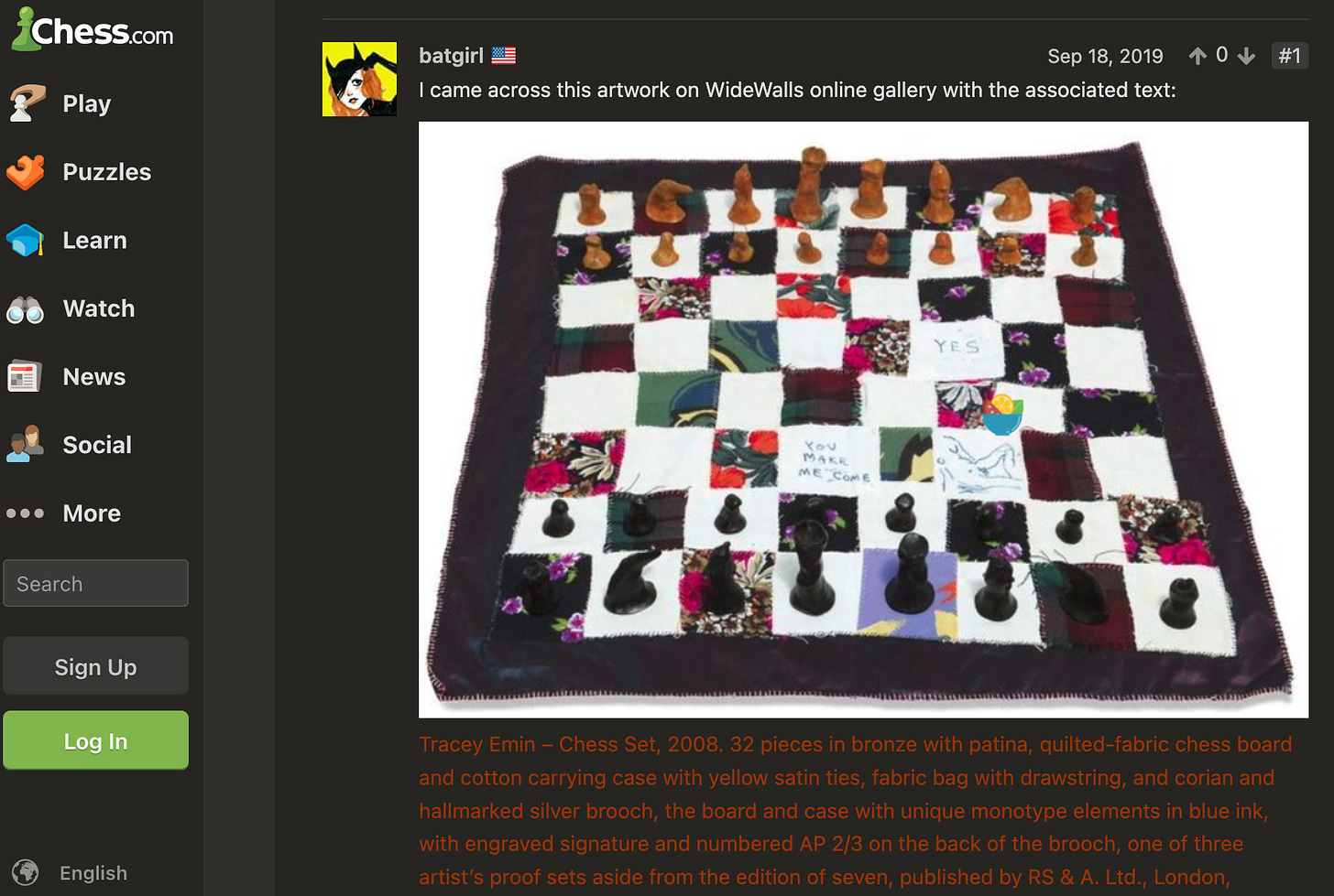 chess.com is not a fan of tracey emin's chess set