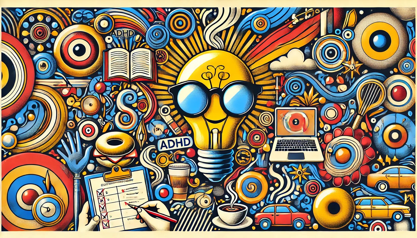 An avant-garde rectangular image designed to attract attention to an article about ADHD entrepreneurs. The image features a playful illustration of a lightbulb wearing glasses, symbolizing creativity and intelligence, with a modern, whimsical flair. The background is a vibrant blend of bold colors like blue, gold, and red, incorporating dynamic swirls, abstract patterns, and shapes. Scattered throughout are humorous elements such as a to-do list with crossed-out tasks, a steaming cup of coffee, and a small figure juggling multiple objects like a laptop, bagels, and a smartphone. The design is creative, energetic, and entirely secular, ensuring universal appeal.