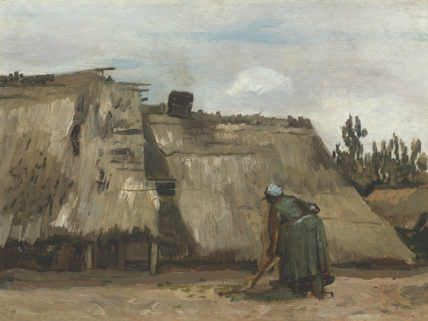 Painting of a peasant woman hoeing in front of thatched roof dwelling