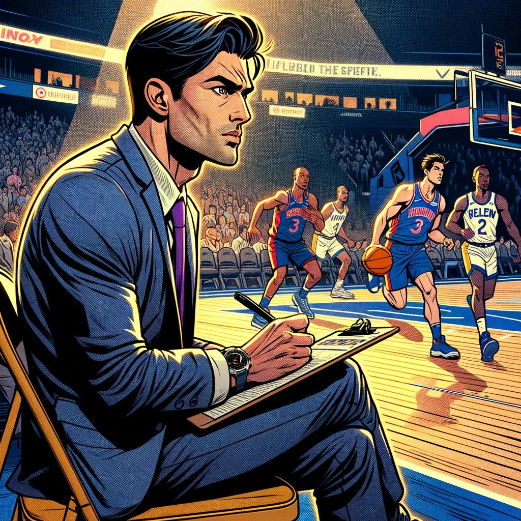 A scene depicting a Latinx NBA scout at a basketball game. The scout is seated courtside, intensely focused on the game, taking notes on a clipboard. He has dark hair and slightly darker skin, wearing casual business attire with a team logo on his shirt, indicating his affiliation. The background shows a bustling basketball court with players in action and a crowd cheering in the stands. The atmosphere is energetic, capturing the excitement of scouting potential talent. The image should have a comic book style, with bold lines and vibrant colors, emphasizing the dynamic nature of the scene.
