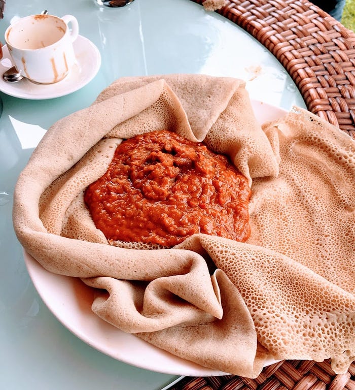 Injera with Meat Sauce