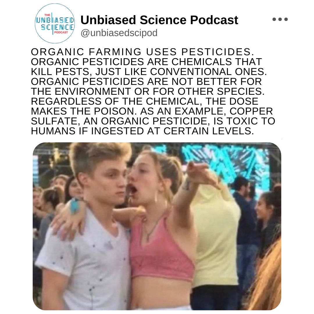 May be an image of 4 people and text that says 'NIBIASIEID Unbiased Science Podcast SICIIENICIE PODCAST @unbiasedscipod ORGANIC FARMING USES PESTICIDES. ORGANIC PESTICIDES ARE CHEMICALS THAT KILL PESTS, JUST LIKE CONVENTIONAL ONES. ORGANIC PESTICIDES ARE NOT BETTER FOR THE ENVIRONMENT OR FOR OTHER SPECIES. REGARDLESS OF THE CHEMICAL. THE DOSE MAKES THE POISON. AS ΑΝ EXAMPLE, COPPER SULFATE, AN ORGANIC PESTICIDE. IS TOXIC ΤΟ HUMANS IF INGESTED AT CERTAIN LEVELS.'