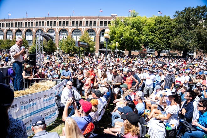 Democratic presidential candidate Robert F. Kennedy speaks at the Des Moines Register Political Soapbox during day three of the Iowa State Fair on Saturday, August 12, 2023 in Des Moines.