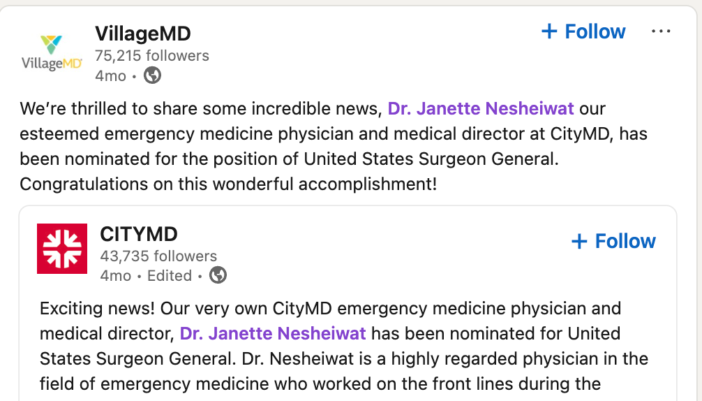 Screenshot of LinkedIn post from VillageMD and CityMD