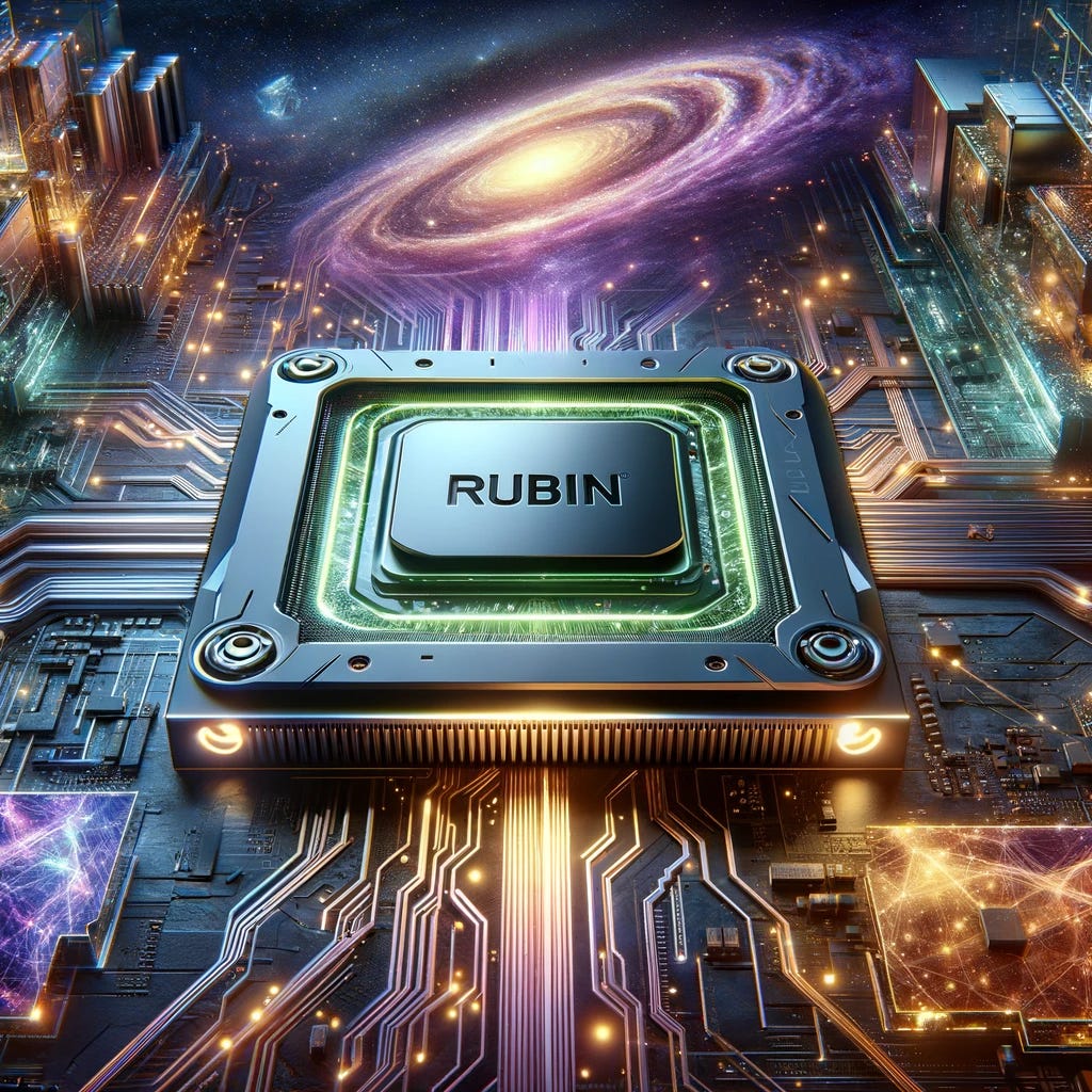 A futuristic image representing Nvidia's new GPU architecture codenamed Rubin. Show a sleek, high-tech GPU with glowing circuits and energy-efficient design elements. The background should feature abstract representations of AI and high-performance computing, with hints of astronomical imagery to honor Vera Rubin. The GPU should prominently display the word 'Rubin'.