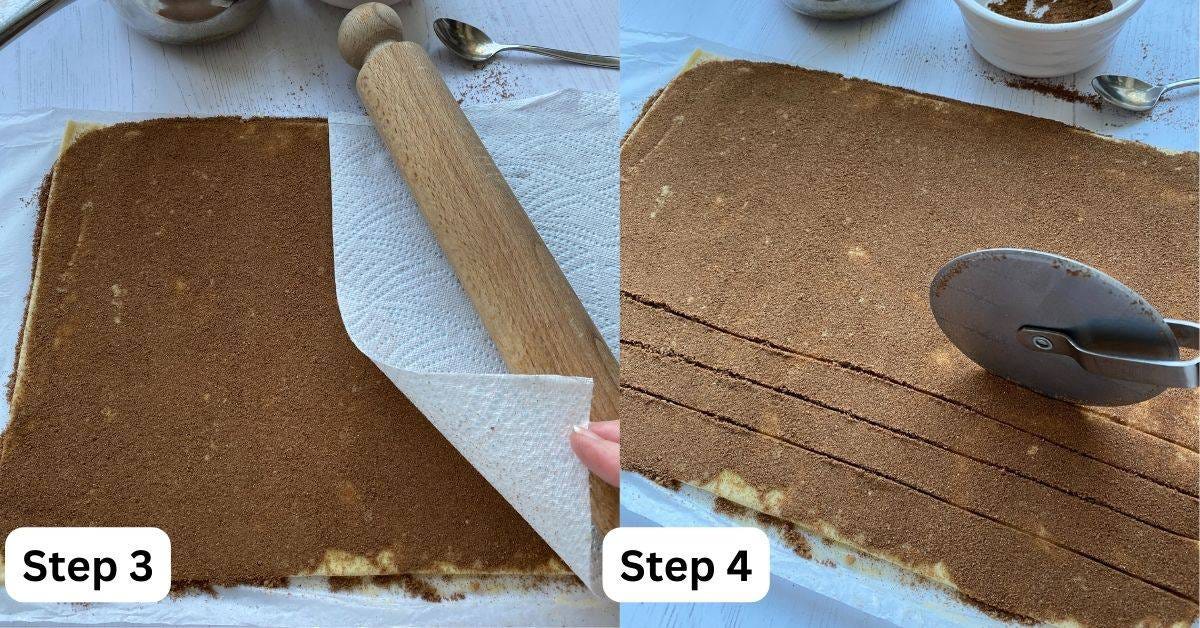 Rolled out puff pastry coated in sugar and cinnamon. 