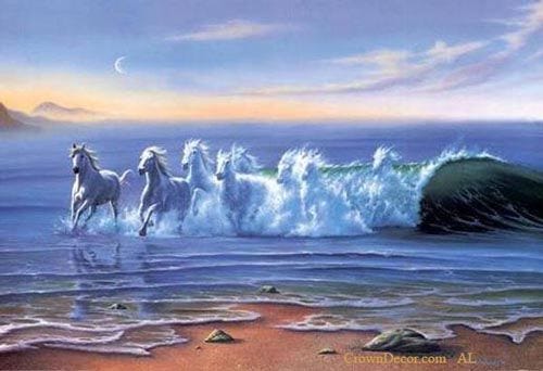 Oil Painting of White Horses on Water Wave the Horses are running along ...