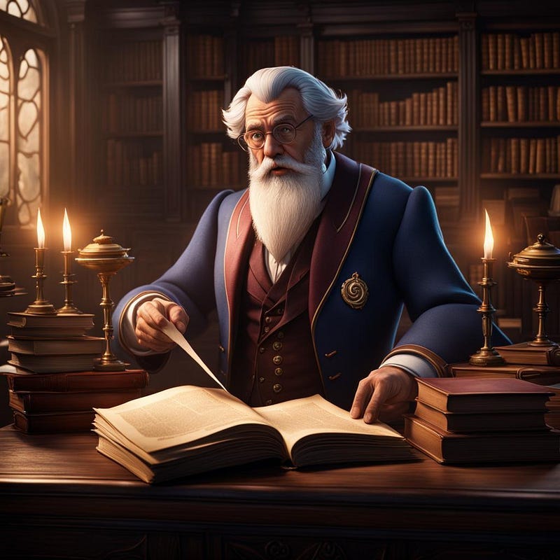 Wise old professor turning pages of large tome