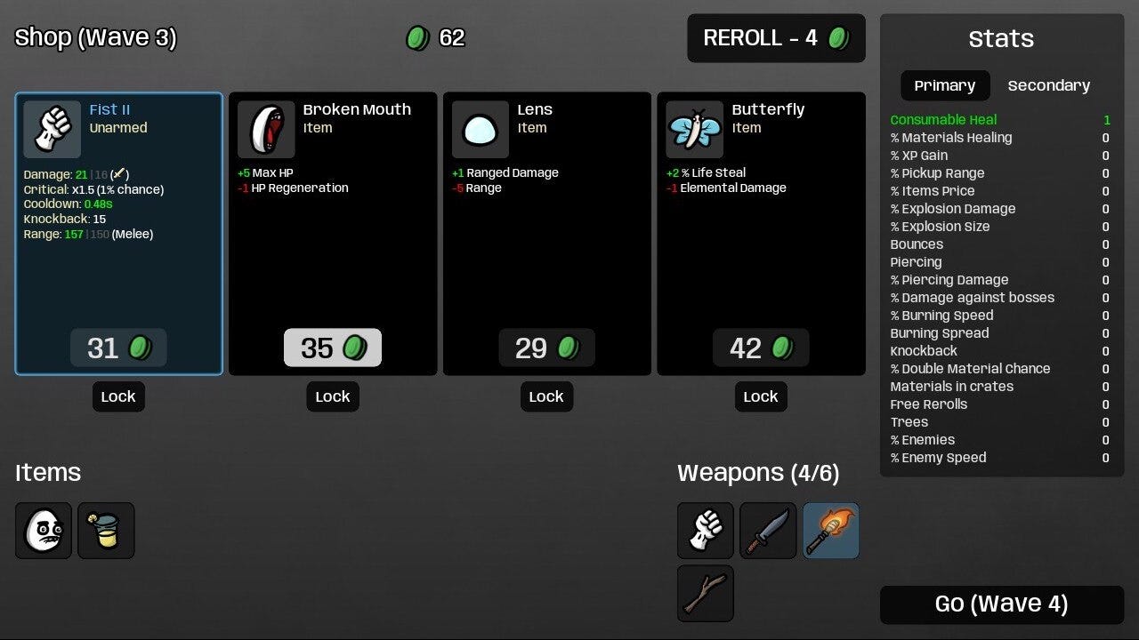 Shop with three items and one weapon for sale