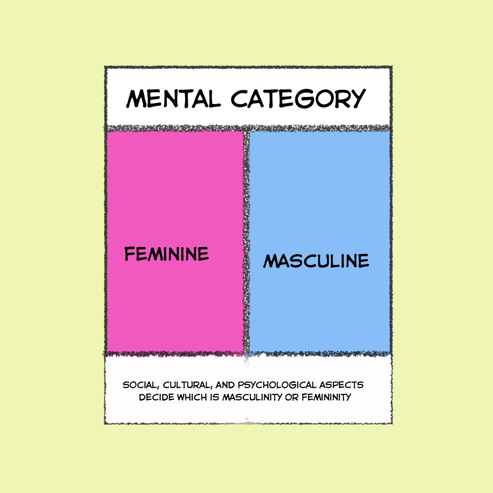 Có thể là hình vẽ ngẫu hứng về văn bản cho biết 'MENTAL CATEGORY FEMININE MASCULINE SOCIAL, CULTURAL, AND PSYCHOLOGICAL ASPECTS DECIDE WHICH IS MASCULINITY OR FEMININITY'
