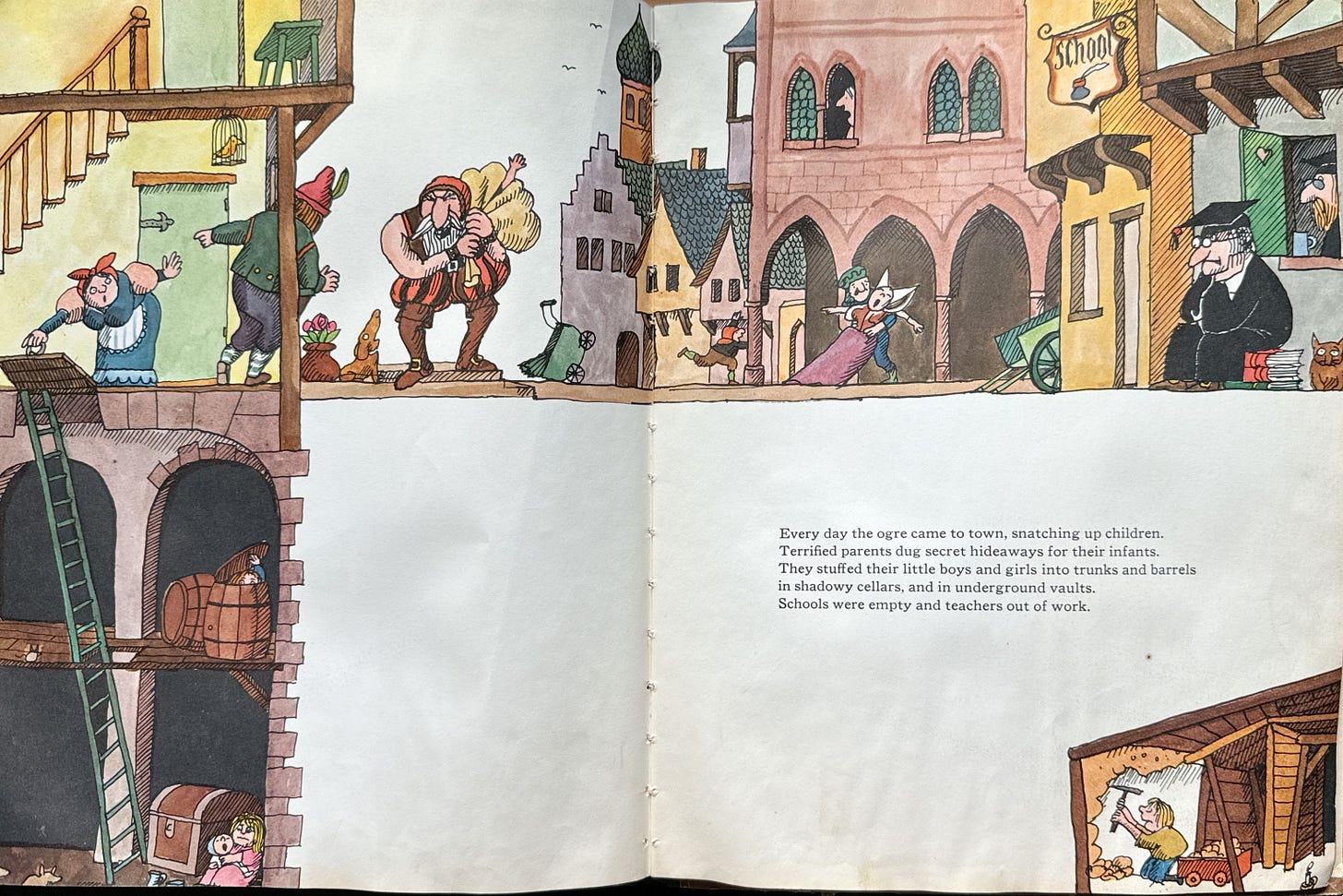 Page from Tomi Ungerer's Zeralda's Ogre, showing the ogre putting kids into a bag while, just out of sight, children are taking shelter in underground basements and hidden areas.