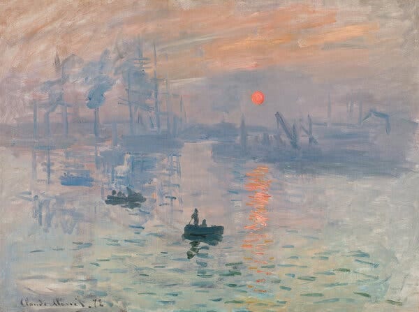 A painting of a sunrise over the water, with small boats in the foreground.