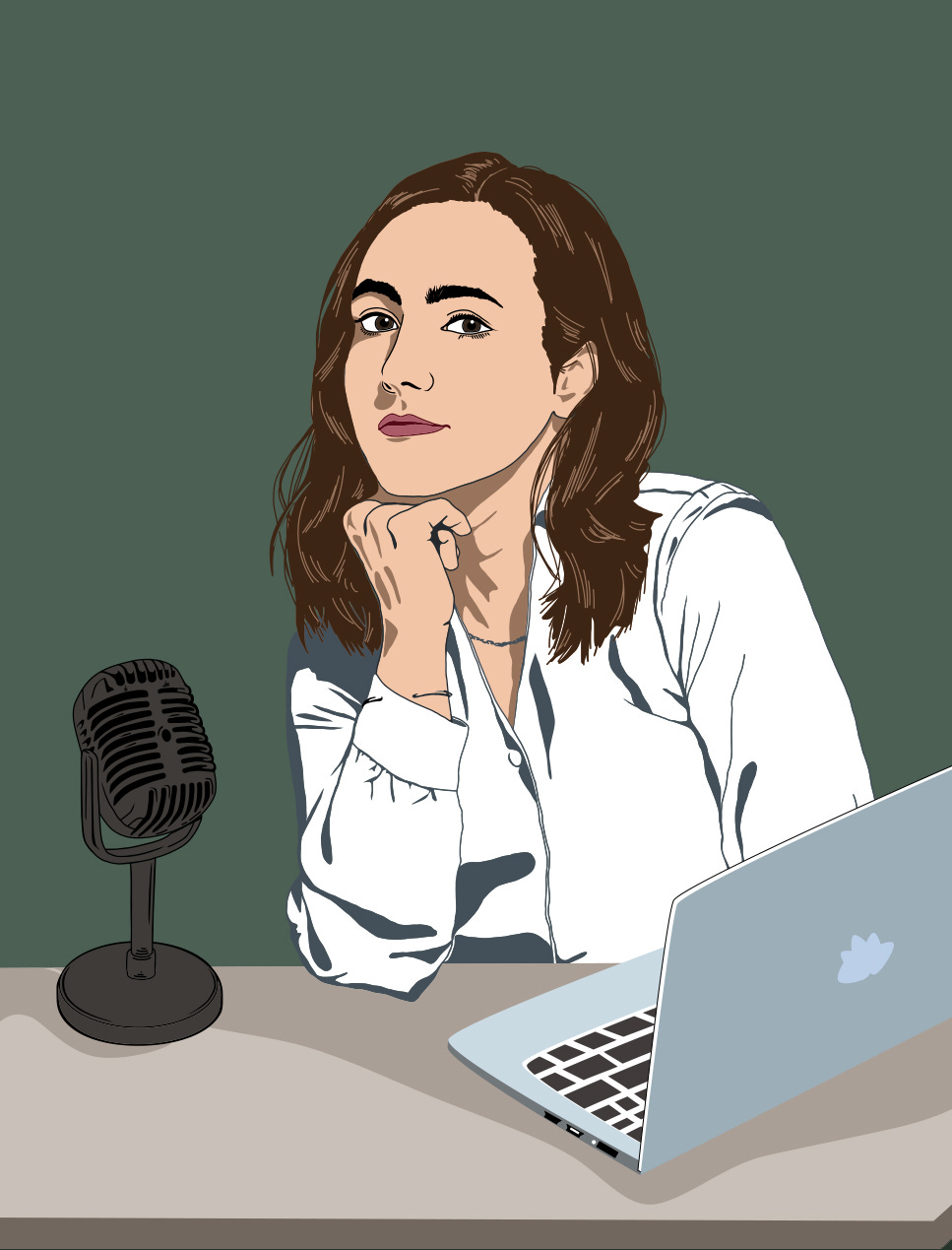 illustration by Montreal artist La Pimbêche of a woman with long brown hair leaning against a desk with a mic and a laptop. for obsessed interviews series by Michelle Béland