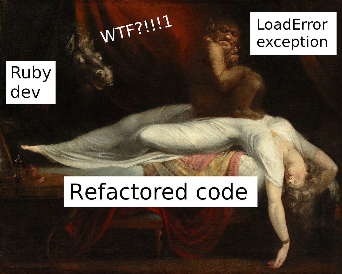 Classic oil painting of a sleeping woman haunted by a Ruby LoadError nightmare. A puzzled Ruby programmer in the background.