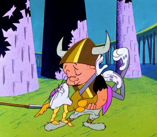 Elmer Fudd and Bugs Bunny in Viking garb dance in a cartoon landscape.