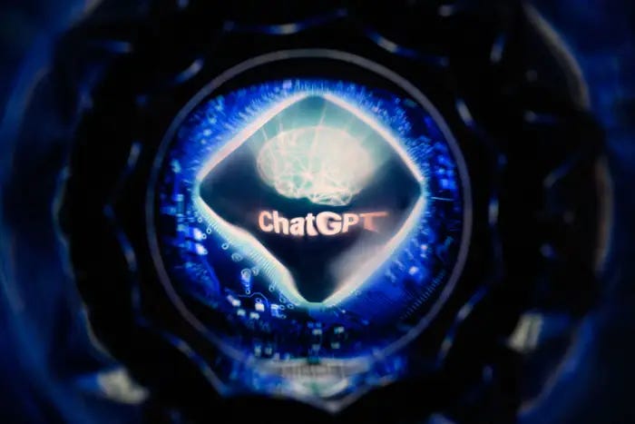 Logo do ChatGPT em uma esfera azul distorcida