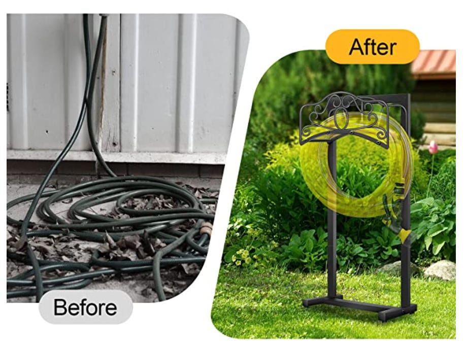 Before/After pic: on one side is a black tangled hose, on the other, the hose holder with a yellow ghost hose