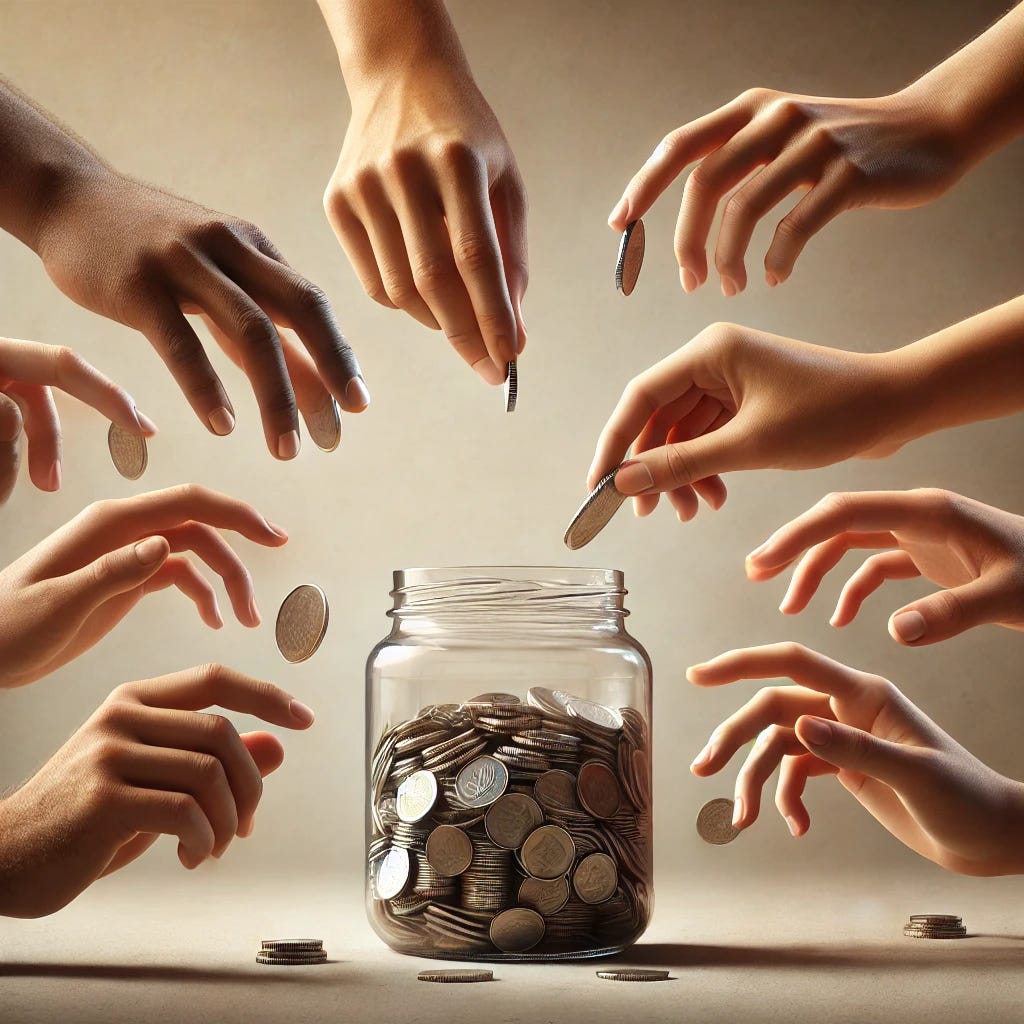 An image showing five different hands reaching towards a transparent jar, each hand holding a coin about to drop it into the jar. The jar is placed on a plain surface with coins visible inside, representing a collective contribution. The hands are diverse in skin tones and appear adult-sized. The background is soft and minimal, keeping focus on the hands and the jar, with a warm, collaborative atmosphere. Realistic style with natural lighting.