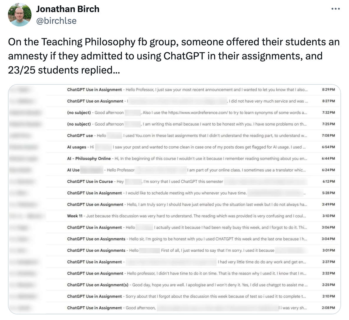 A tweet saying "On the Teaching Philosophy fb group, someone offered their students an amnesty if they admitted to using ChatGPT in their assignments, and 23/25 students replied..." and an image of a gmail inbox with 23 students writing in about their "CHatGPT Use on Assignment"