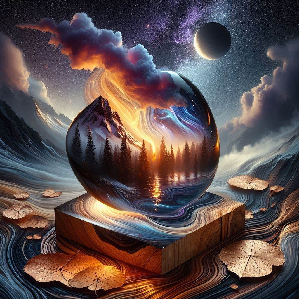  5d angle glass leaf with with a small fire in it over image of  Birchwood/rosewood AI making an image of itself.  black and purple starry night/ water in resin/soft, beautiful/honey-wood and copper/Marquetry,verdigris. mountain / fluffy cloud floating low in foreground / honey-gold-swirl/surrounded by copper leaves.REFLECTED/ Inspired by style of Jeffrey Catherine Jones /swirling clouds under moon.black starry sky / love/ bliss