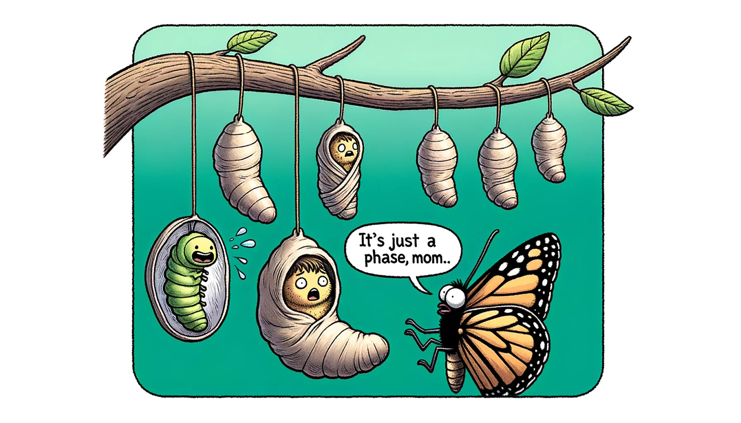 Cartoon illustration: A series of cocoons hanging from a tree branch. One cocoon is partially open, revealing an awkward, half-caterpillar, half-butterfly creature inside. The creature looks embarrassed but defiant. A butterfly, clearly the mother, is hovering nearby with a concerned look. Above the cocoon, a speech bubble reads, "It's just a phase, mom." This scene humorously captures the concept of metamorphosis as a metaphor for teenage rebellion and the awkward phases of growing up.
