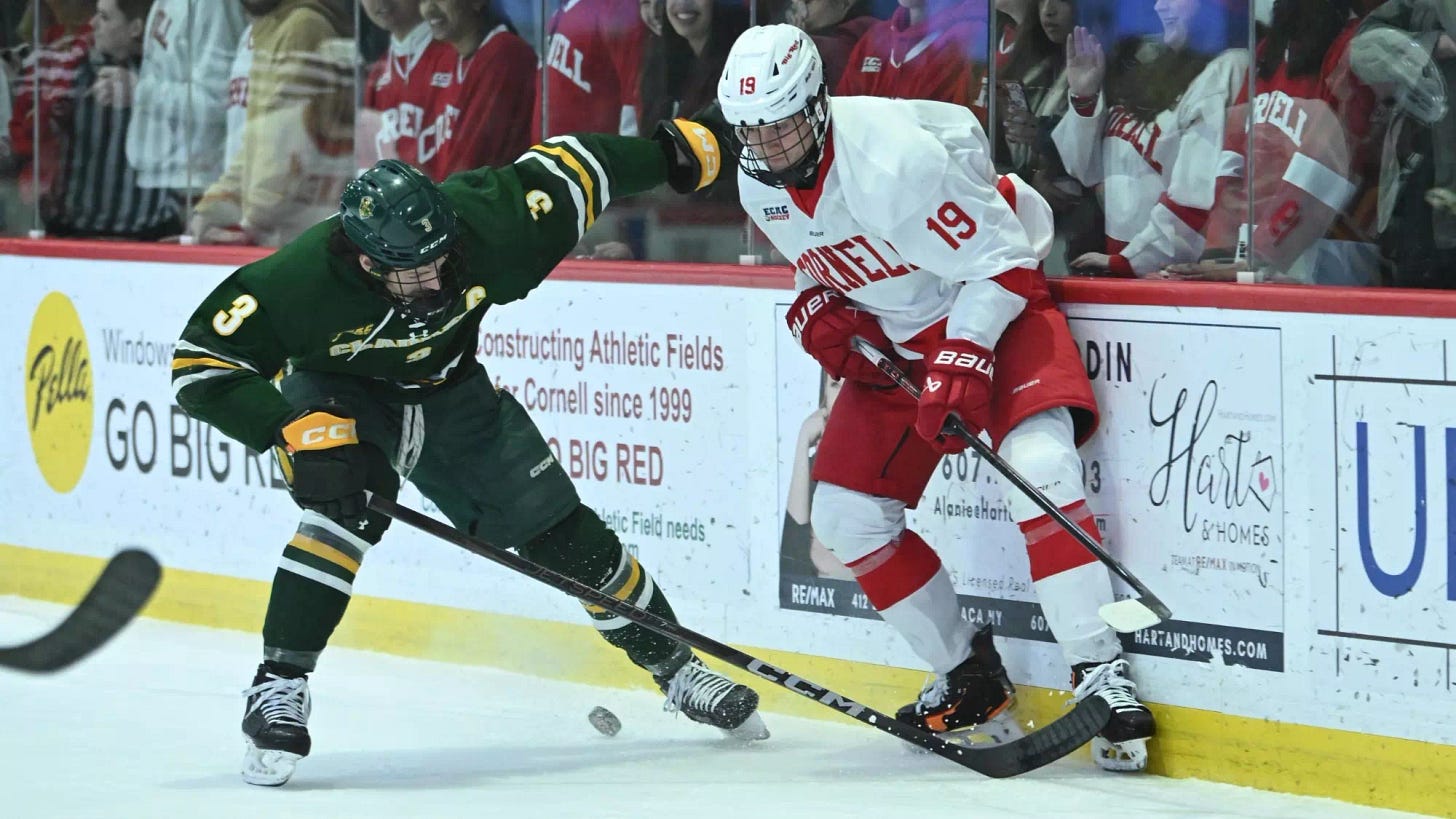 Cornell men's hockey senior forward Sullivan Mack battles with a Clarkson player during game action at Lynah Rink in Ithaca, N.Y., on Feb. 21, 2025.