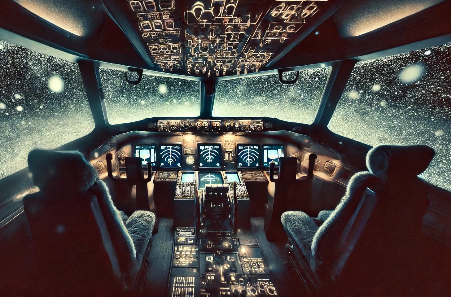 A dark, sepia-toned airplane cockpit with glowing control panels and an eerie atmosphere. Outside the cockpit windows, a heavy snowstorm is visible, with large snowflakes falling intensely against the dark night sky, partially obscuring visibility. A dark, sepia-toned airplane cockpit with glowing control panels and an eerie atmosphere. Outside the cockpit windows, a heavy snowstorm is visible, with large snowflakes falling intensely against the dark night sky, partially obscuring visibility.