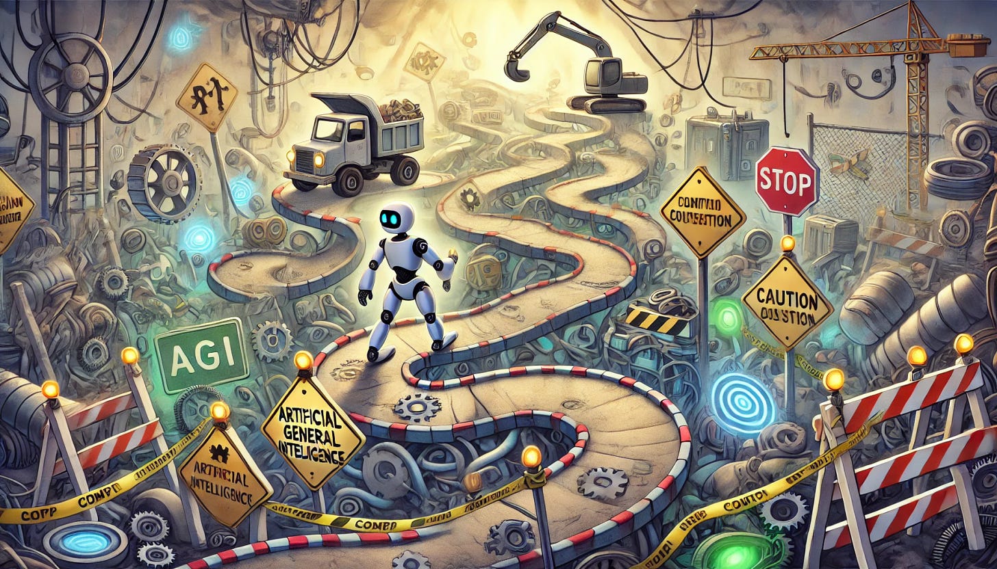 A whimsical illustration of a robot plodding along a convoluted, winding path symbolizing the journey to Artificial General Intelligence (AGI). The path is filled with construction signs, rickety machinery, caution tape, and various obstacles representing challenges in AGI development. The robot is humanoid but slightly clunky, with a determined expression, navigating through the chaotic scene. The background is a blend of futuristic and industrial settings, with scattered gears, cables, and glowing lights. The overall tone is hopeful yet filled with challenges.