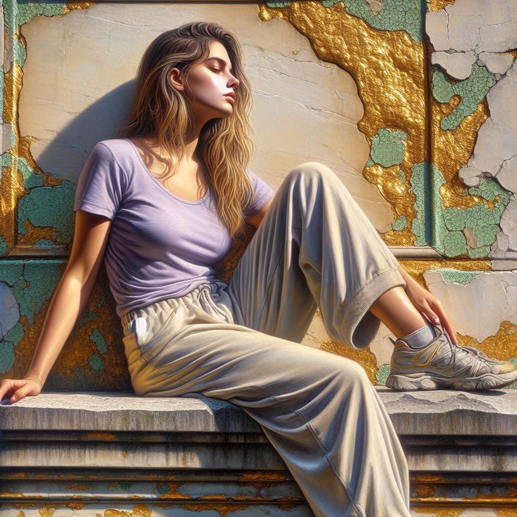 hyper realistic close up of buitre, mriposa, and mono pattern on womans. she wears a light lavender shirt / pants in black,  cream and gold she sits on a rock under a sunny sky on a sunny day. Père Lachaise Cemetery (Paris, France) she can see from here is painted in thick, textural layers of oil paint and the wall nearby is made of craggly rock with green moss an gold leaf. It is also painted in chunky, thick oil paint. Luminescent painting