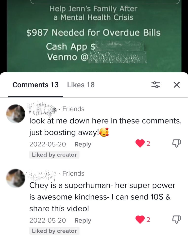 TikTok comment section showing someone saying that they will donate and that they commenting to boost the content