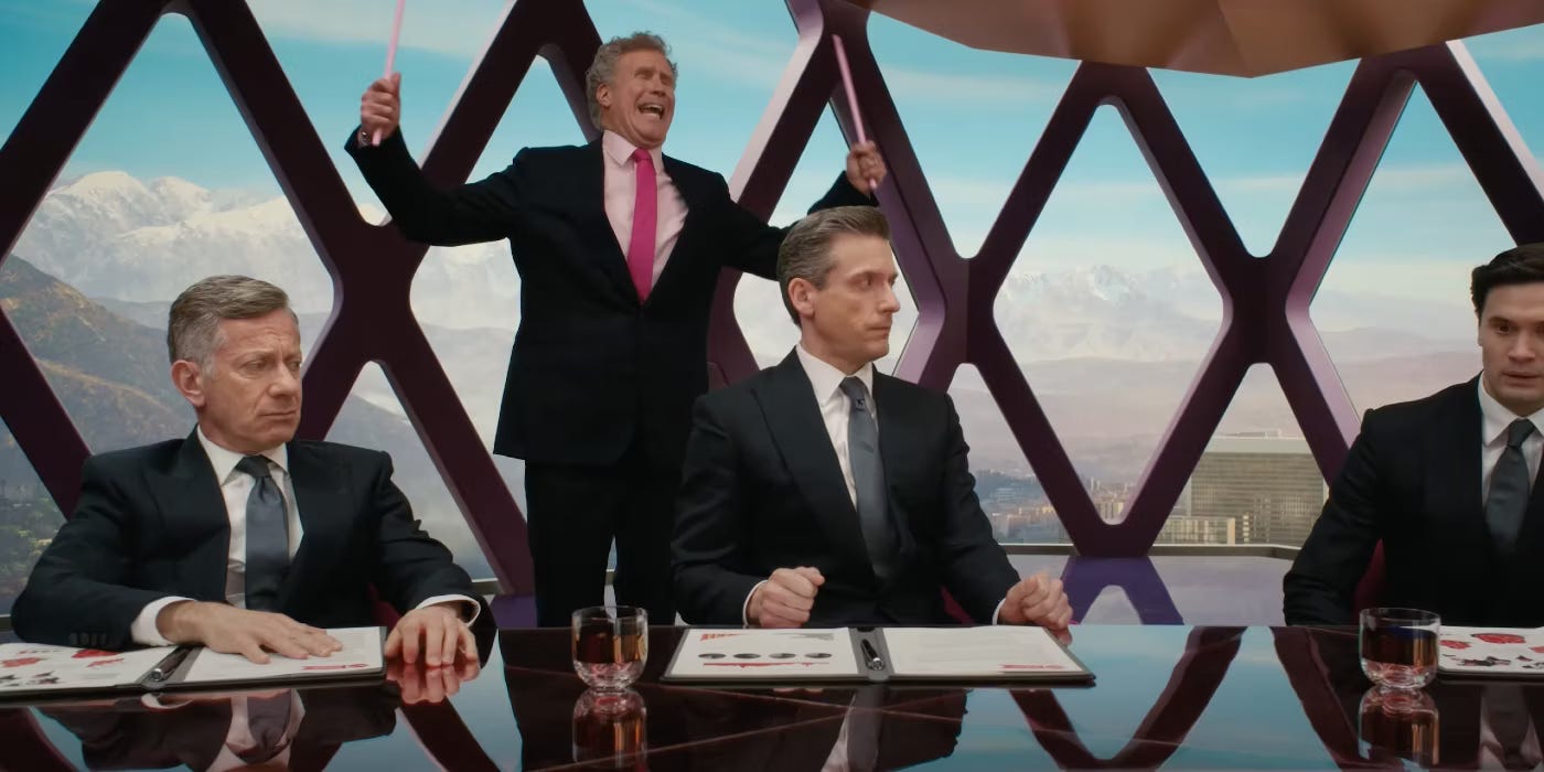 Will Ferrell in the Barbie movie being a goofy CEO in a black suit with pink tie.