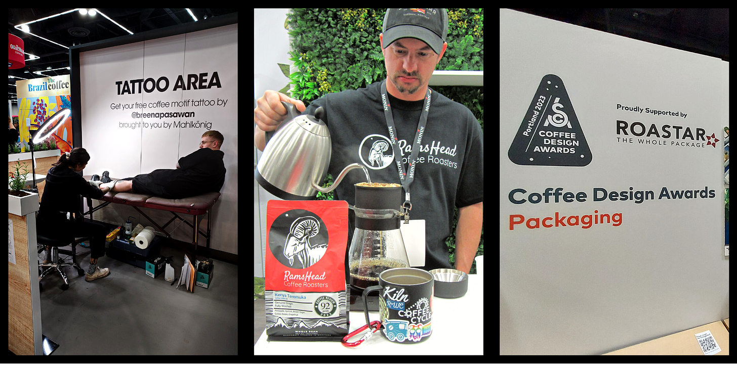 3 photos. From Left-A caucasian man leans back on a table while a tattoo artist preps his leg for a coffee tattoo. Center: A barista pours hot water from a kettle into a pourover coffee brewer. Right: A sign announcing Roastar's sponsorship of the Coffee Design Awards.