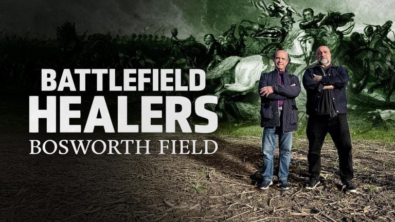 'BATTLEFIELD HEALERS' - Omid Djalili and Konstantin Pavlidis stand with their arms folded