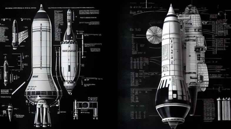 When Geoff Brumfiel asked an AI software for rocket schematics, he got interesting results. Like these Saturn V-inspired renderings. (NPR staff generated imagery using Midjourney)