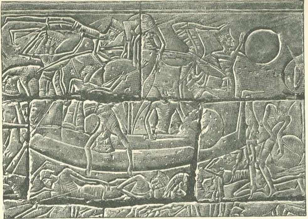 Sea Peoples in their ships during the battle with the Egyptians. Relief from the mortuary temple of Ramesses III at Medinet Habu (Public Domain)