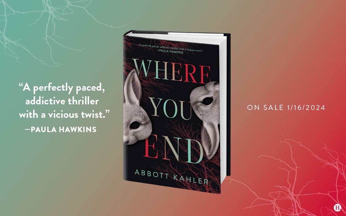 Banner with Abbott Kahler's upcoming book Where You End