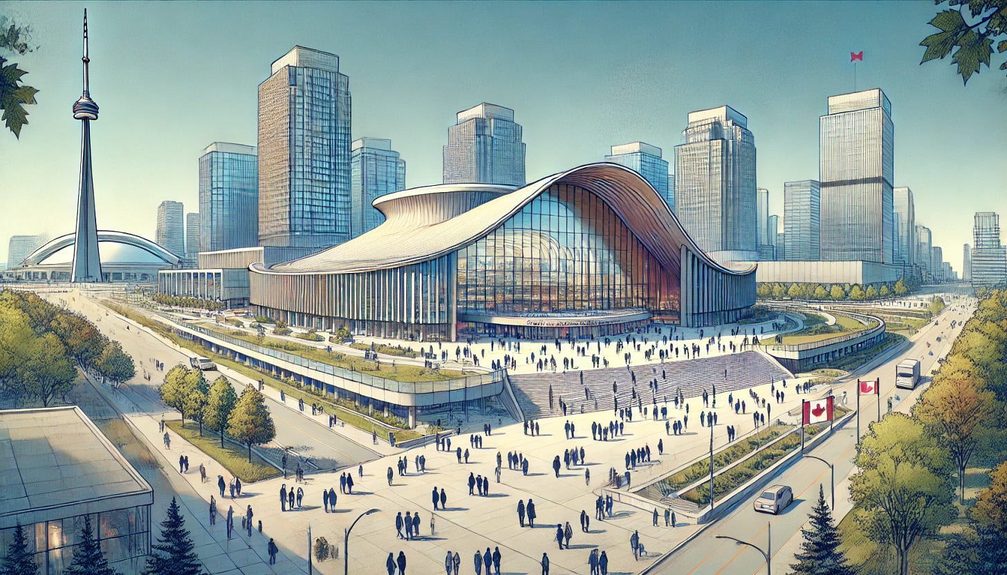 Adjust the illustration of the large conference center in Canada to fit a wide format of 1200px wide by 400px height. Maintain the modern architectural style with sweeping curves and expansive glass facades. The view should include a wide plaza leading to the entrance, populated with diverse people approaching the building. The background should feature elements typical of a Canadian city, such as urban greenery and distant skyscrapers. Ensure the illustration remains detailed and realistic, capturing the grandeur and scale of the venue in this new aspect ratio.