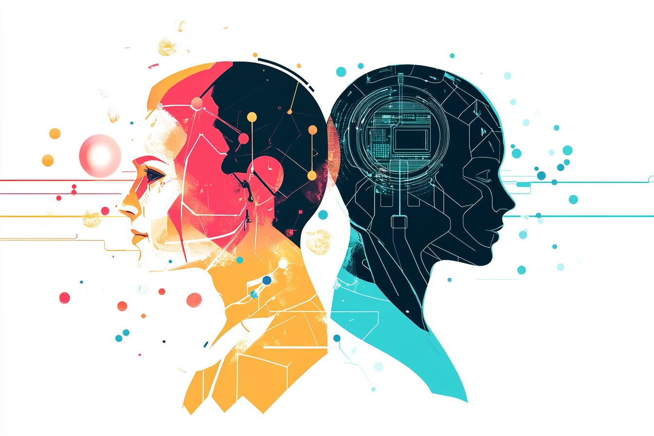 Conceptual illustration of the Human-AI Partnership. A split composition shows a human figure on the left in warm tones (sunset pink and golden yellow) facing right, and a stylized AI figure on the right in cool cyan and navy tones facing left. Their profiles are back-to-back, connected through geometric lines and data nodes, symbolizing collaboration and cognitive integration. The background is white with minimalist design elements, using the Multilogue color palette to convey creativity, technology, and balance between human intuition and machine intelligence.